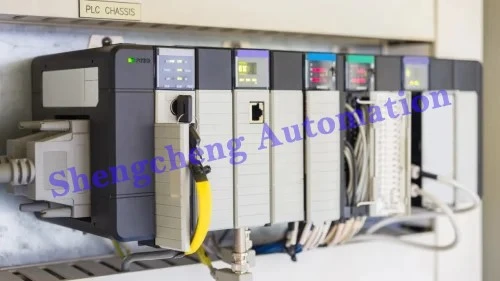 Multiple modules and interface ports in the PLC chassis.jpg